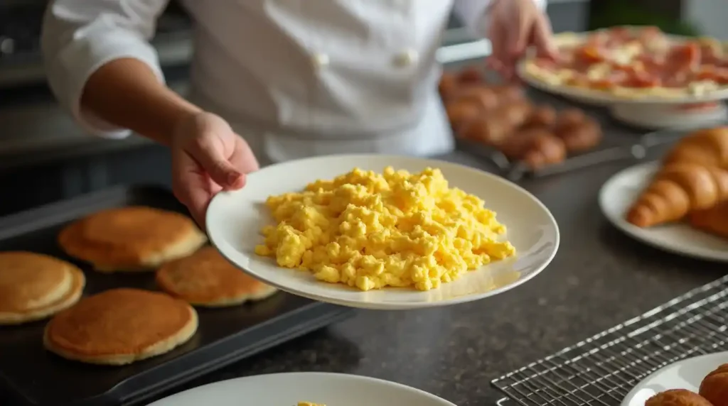 A chef preparing scrambled eggs with pancakes and bacon cooking in the background for a breakfast buffet.