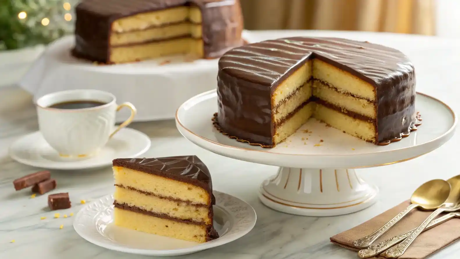A sliced Doberge Cake showing its delicate layers of cake and custard, covered in glossy chocolate ganache, placed on a white cake stand.