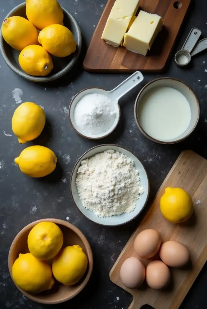Fresh lemons, eggs, butter, flour, and sugar arranged on a rustic cutting board, illuminated with soft lighting for a cozy, vintage aesthetic.