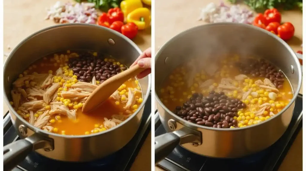 A chef stirring a pot of chicken taco soup on the stovetop, filled with flavorful broth, shredded chicken, and hearty ingredients.