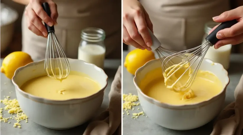 A close-up of a baker whisking smooth lemon cake batter in a vintage ceramic bowl, surrounded by fresh lemon zest and classic baking tools.