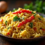 Overhead view of a steaming plate of golden egg fried rice with colorful garnishes, surrounded by fresh spices and vegetables.authentic anjappar egg fried rice