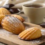 Golden brown madeleine cookies dusted with powdered sugar and dipped in chocolate, arranged on a wooden surface with a cup of coffee.