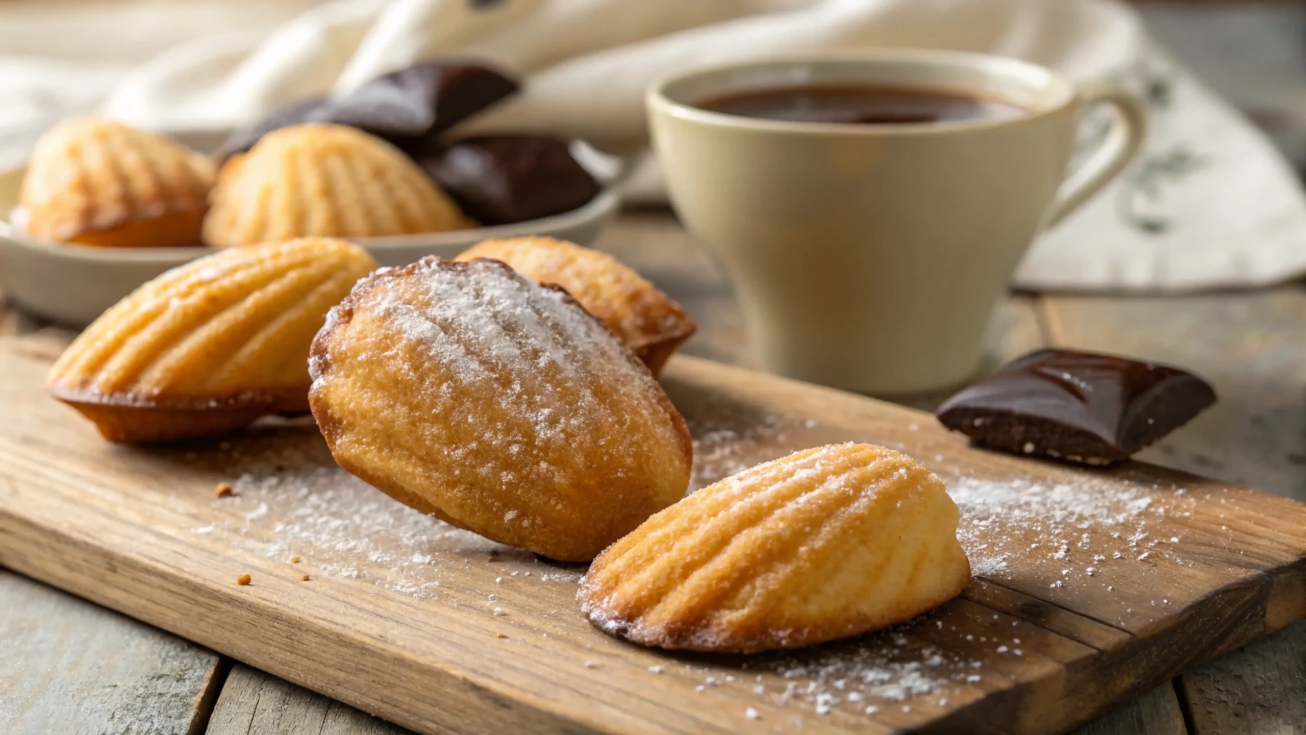Golden brown madeleine cookies dusted with powdered sugar and dipped in chocolate, arranged on a wooden surface with a cup of coffee.
