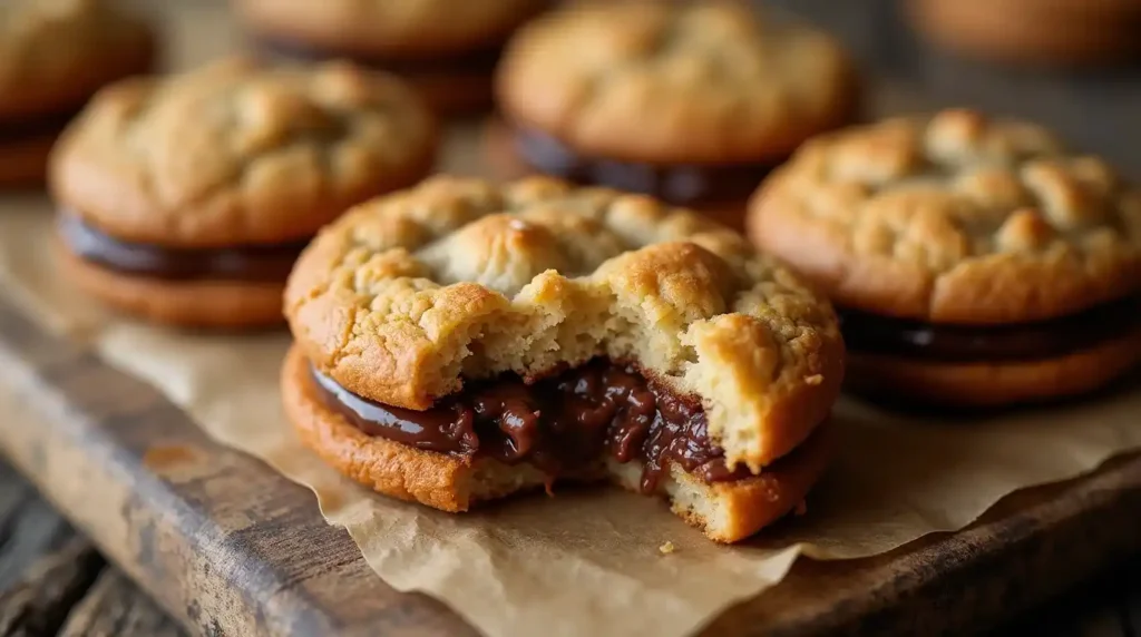 Golden-brown NYC stuffed cookies with melted chocolate centers on a rustic table.
