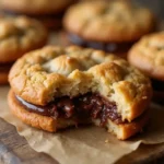 Golden-brown NYC stuffed cookies with melted chocolate centers on a rustic table.