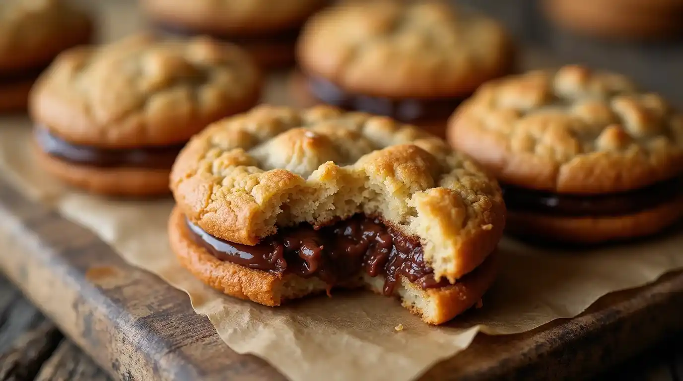 Golden-brown NYC stuffed cookies with melted chocolate centers on a rustic table.