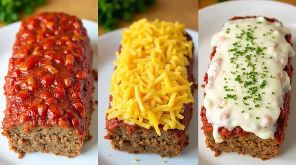 Three variations of Creole meatloaf—spicy, cheesy, and turkey—each plated with a different garnish and displayed alongside a small chalkboard with cooking tips.