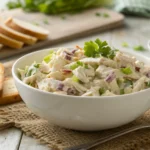 A bowl of creamy Willow Tree Chicken Salad with shredded chicken, celery, and mayonnaise, garnished with parsley, served on a rustic wooden table.
