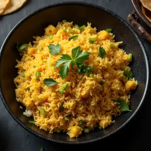 A steaming plate of Anjappar Egg Fried Rice, featuring fluffy basmati rice, scrambled eggs, curry leaves, green chilies, and black pepper, served with raita and crispy papadum on a rustic wooden table.