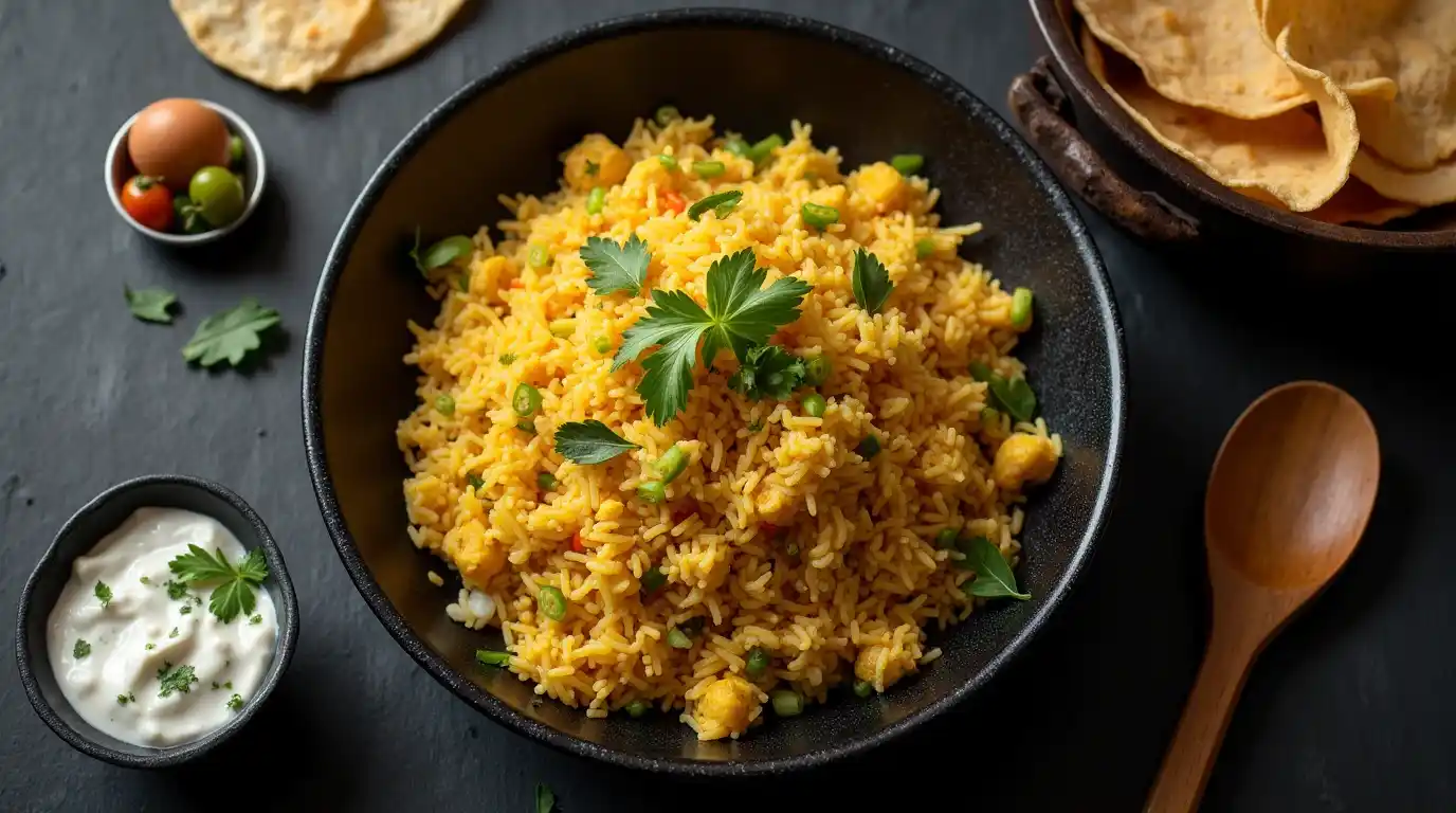 A steaming plate of Anjappar Egg Fried Rice, featuring fluffy basmati rice, scrambled eggs, curry leaves, green chilies, and black pepper, served with raita and crispy papadum on a rustic wooden table.