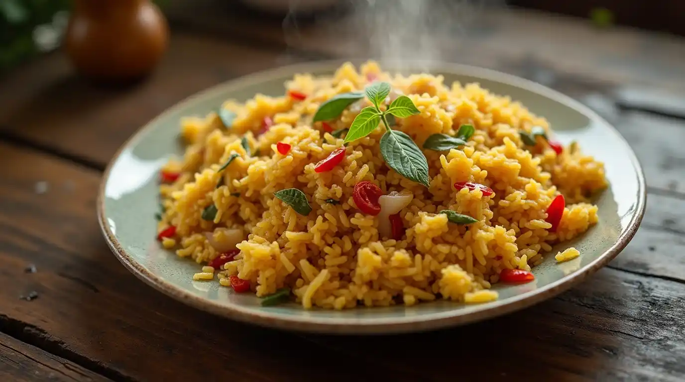 Close-up of authentic Anjappar egg fried rice with scrambled eggs, onions, curry leaves, and chili peppers.