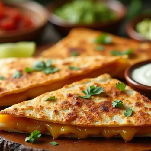 A crispy, golden-brown chicken and cheese quesadilla sliced into triangles with melted cheese, served with salsa, guacamole, and sour cream.