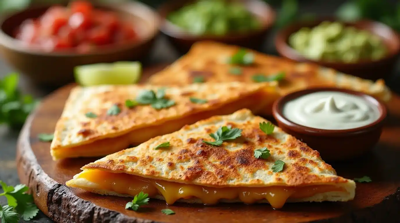 A crispy, golden-brown chicken and cheese quesadilla sliced into triangles with melted cheese, served with salsa, guacamole, and sour cream.