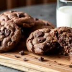 Freshly baked double chunk chocolate cookies with gooey melted chocolate chunks, stacked on a rustic wooden tray with a glass of milk beside them.