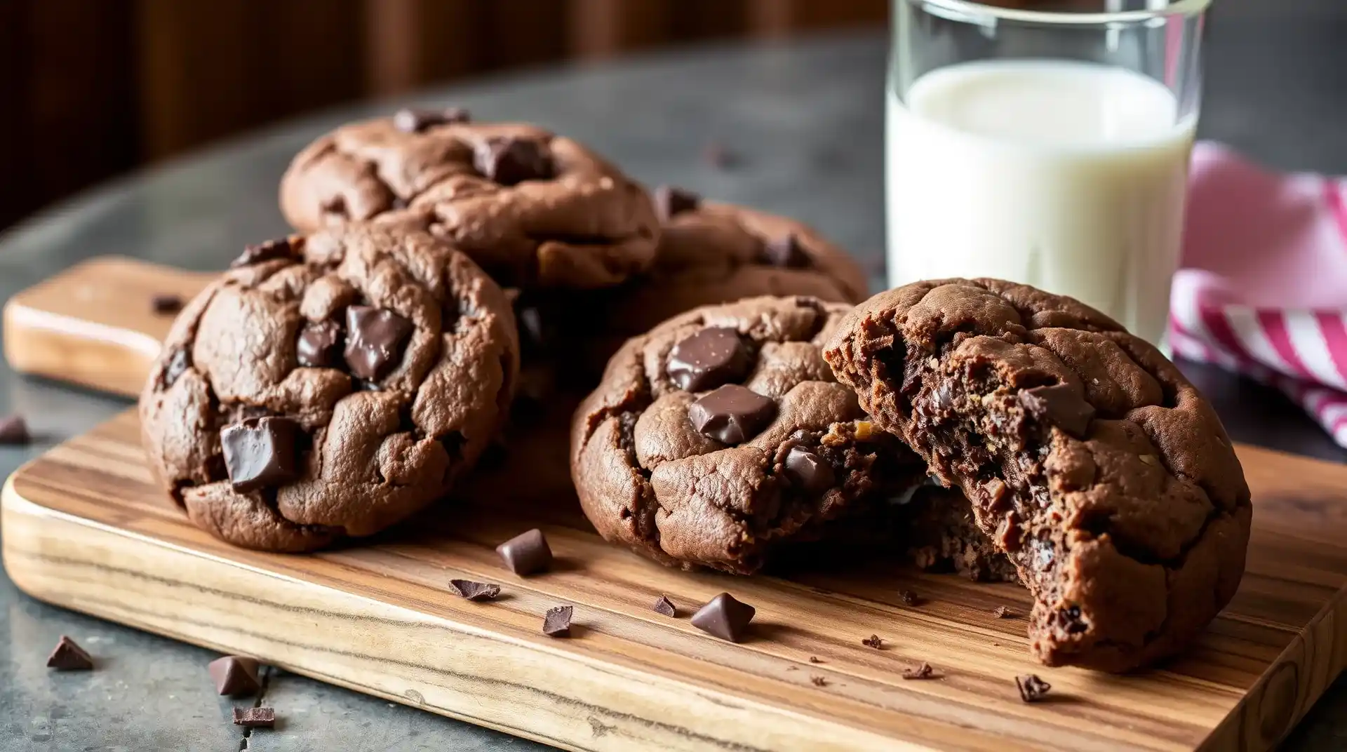 Freshly baked double chunk chocolate cookies with gooey melted chocolate chunks, stacked on a rustic wooden tray with a glass of milk beside them.