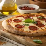 A freshly baked chorizo pizza with a crispy crust, melted cheese, and smoky chorizo slices, garnished with fresh basil on a wooden board.