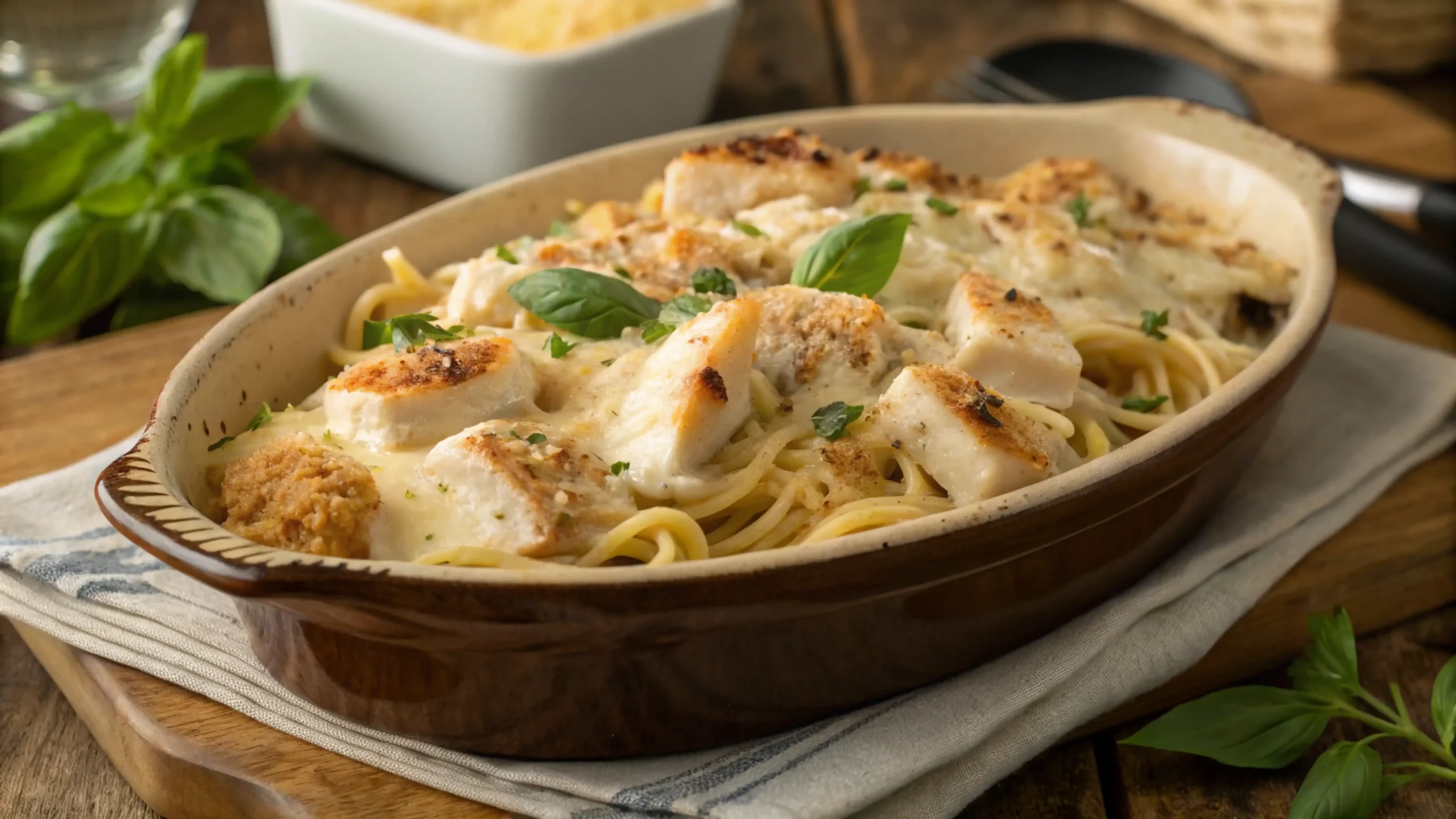 Realistic image of a garlic parmesan chicken pasta bake featuring tender chicken, al dente pasta, and a crispy, golden topping garnished with fresh herbs.