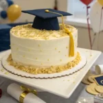 A festive graduation cake with buttercream frosting, a fondant graduation cap topper, and gold sprinkles on a decorated dessert table.