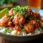 A bowl of crispy hot honey chicken and rice, topped with sesame seeds, green onions, and avocado slices, served with a lime wedge on a rustic table.