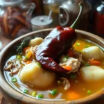 A steaming bowl of Jamaican chicken soup with chicken, root vegetables, dumplings, and a Scotch bonnet pepper in a rustic wooden bowl.