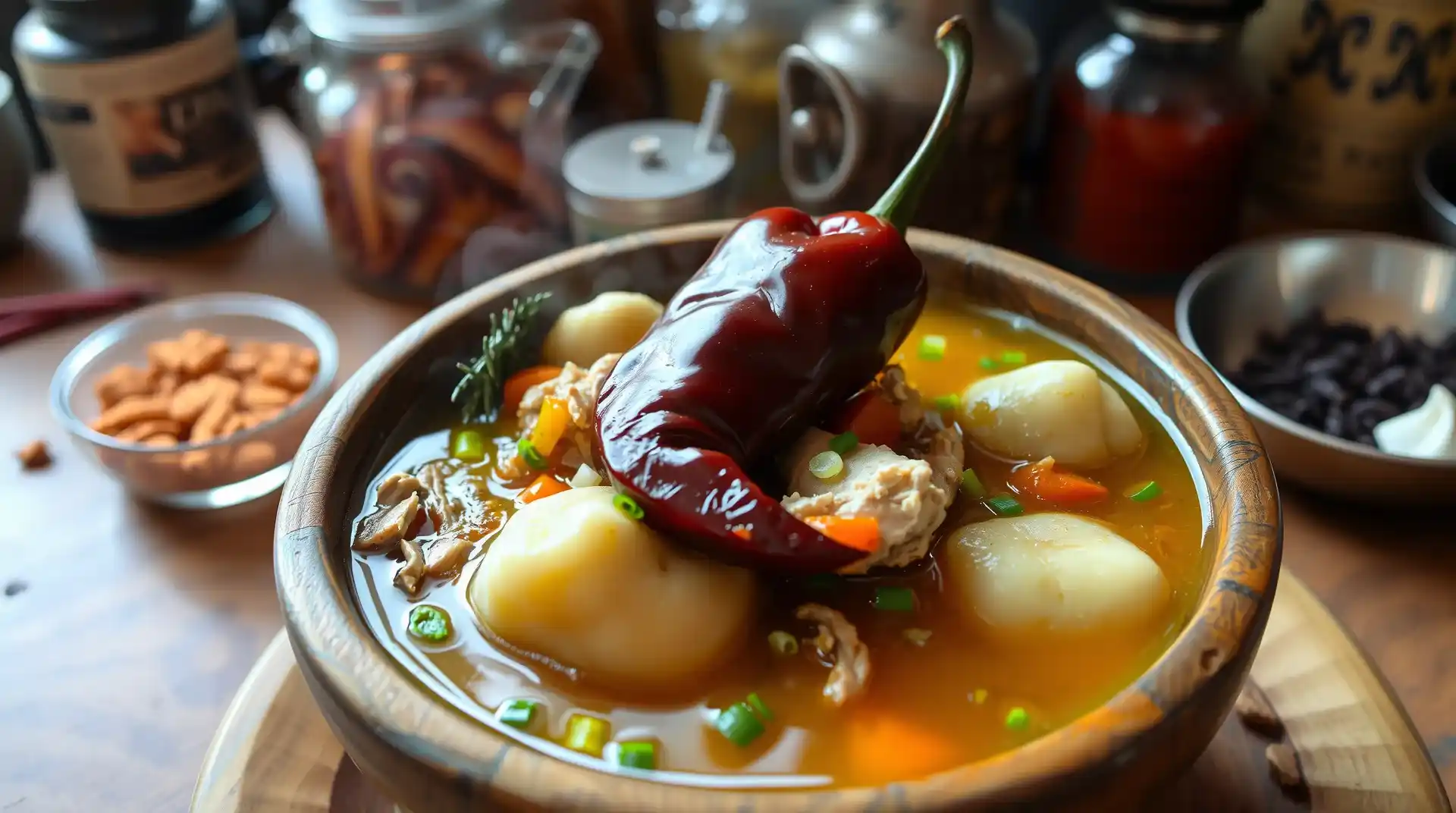 A steaming bowl of Jamaican chicken soup with chicken, root vegetables, dumplings, and a Scotch bonnet pepper in a rustic wooden bowl.