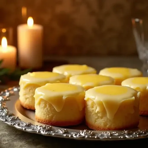 A vintage-inspired dessert table showcasing golden lemon cakes with a glossy lemon glaze, elegantly arranged on a silver platter, surrounded by 1920s Gatsby-style decor.