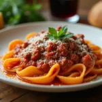 A plate of Mafaldine Bolognese pasta topped with Parmesan and fresh parsley, served on a rustic table with wine and bread.