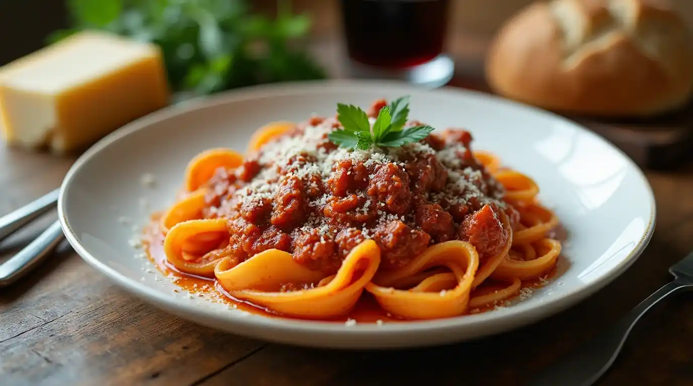 A plate of Mafaldine Bolognese pasta topped with Parmesan and fresh parsley, served on a rustic table with wine and bread.