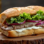 A freshly prepared Matjesbrötchen with pickled herring, red onions, lettuce, and dill on a crusty German bread roll, served on a rustic wooden board.