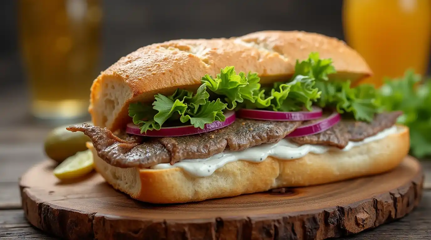 A freshly prepared Matjesbrötchen with pickled herring, red onions, lettuce, and dill on a crusty German bread roll, served on a rustic wooden board.