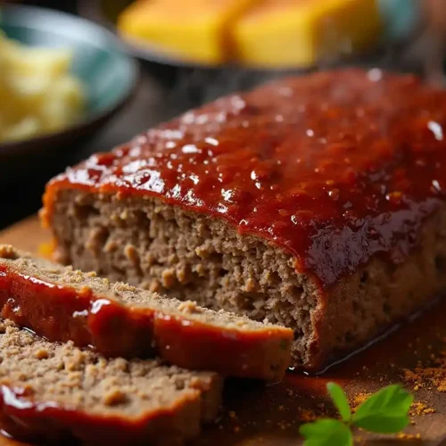 A freshly baked Creole meatloaf sliced on a wooden cutting board, topped with a rich, caramelized tomato glaze, served with mashed potatoes and cornbread.