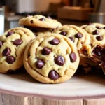 Freshly baked pancake mix cookies with chocolate chips on a wooden board, served with a glass of milk.