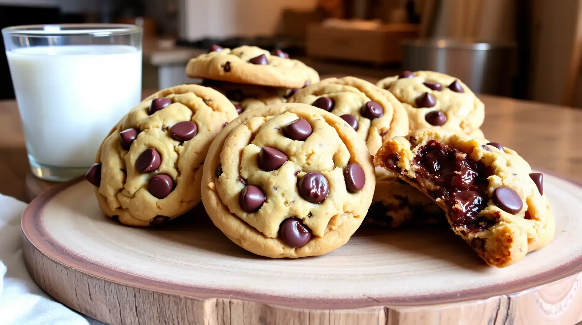 Freshly baked pancake mix cookies with chocolate chips on a wooden board, served with a glass of milk.