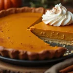 A freshly baked pumpkin pie with a golden crust, topped with a dollop of whipped cream, sitting on a rustic wooden table with cinnamon sticks and a small pumpkin.