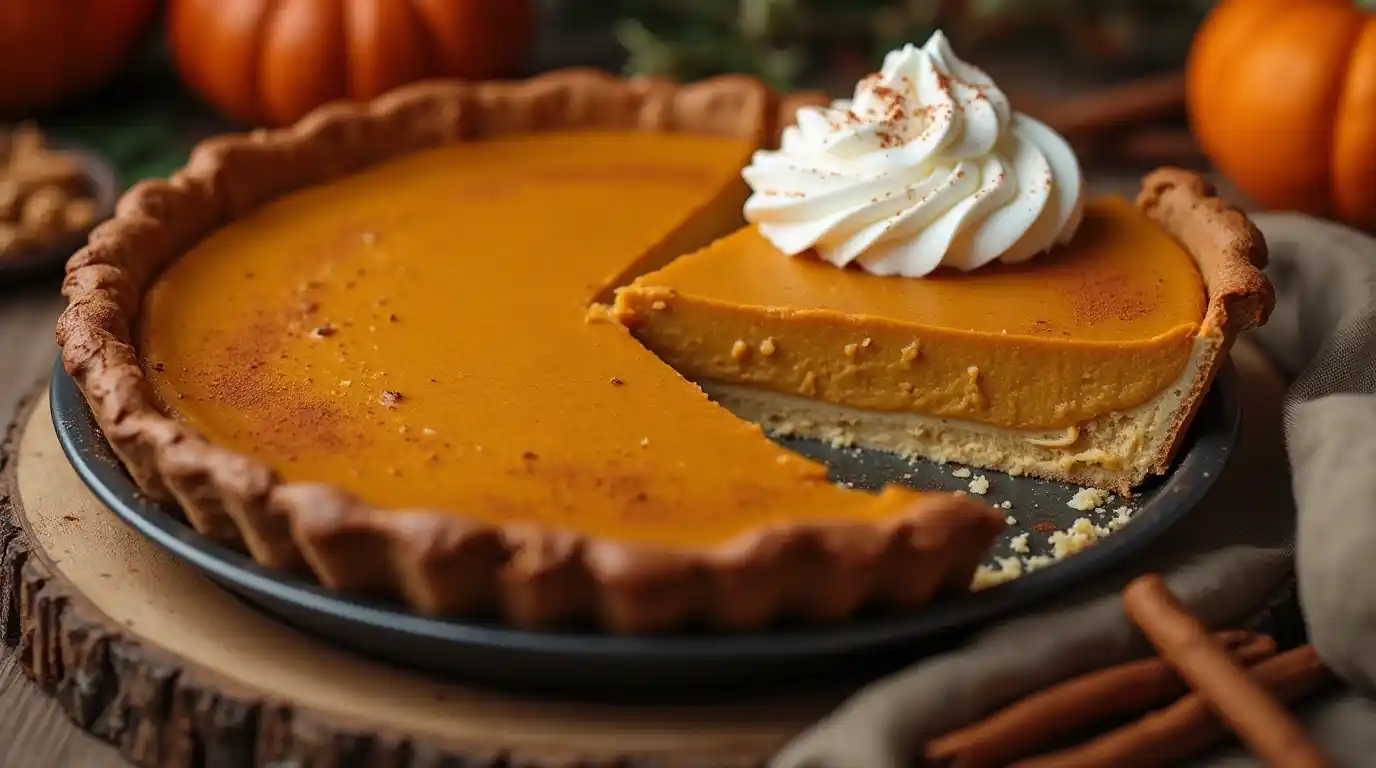 A freshly baked pumpkin pie with a golden crust, topped with a dollop of whipped cream, sitting on a rustic wooden table with cinnamon sticks and a small pumpkin.