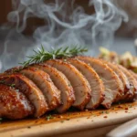 Smoked chicken breast sliced on a wooden cutting board with grilled vegetables and BBQ sauce.