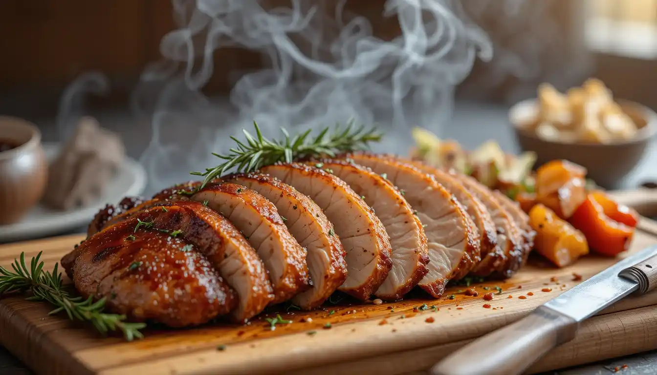 Smoked chicken breast sliced on a wooden cutting board with grilled vegetables and BBQ sauce.