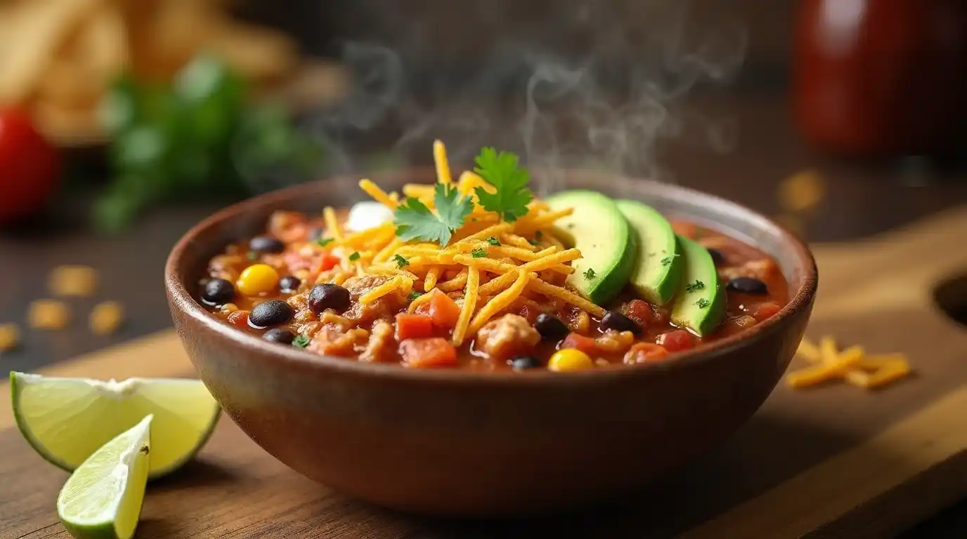 A steaming bowl of chicken taco soup topped with crispy tortilla strips, avocado slices, shredded cheese, and a dollop of sour cream, served in a rustic ceramic bowl with a wedge of lime on the side.
