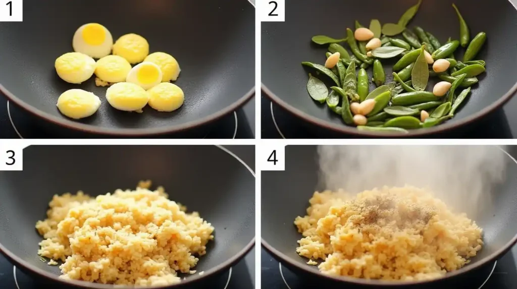 A wok on high heat with scrambled eggs, garlic, green chilies, and curry leaves sizzling before adding basmati rice for Anjappar-style Egg Fried Rice.