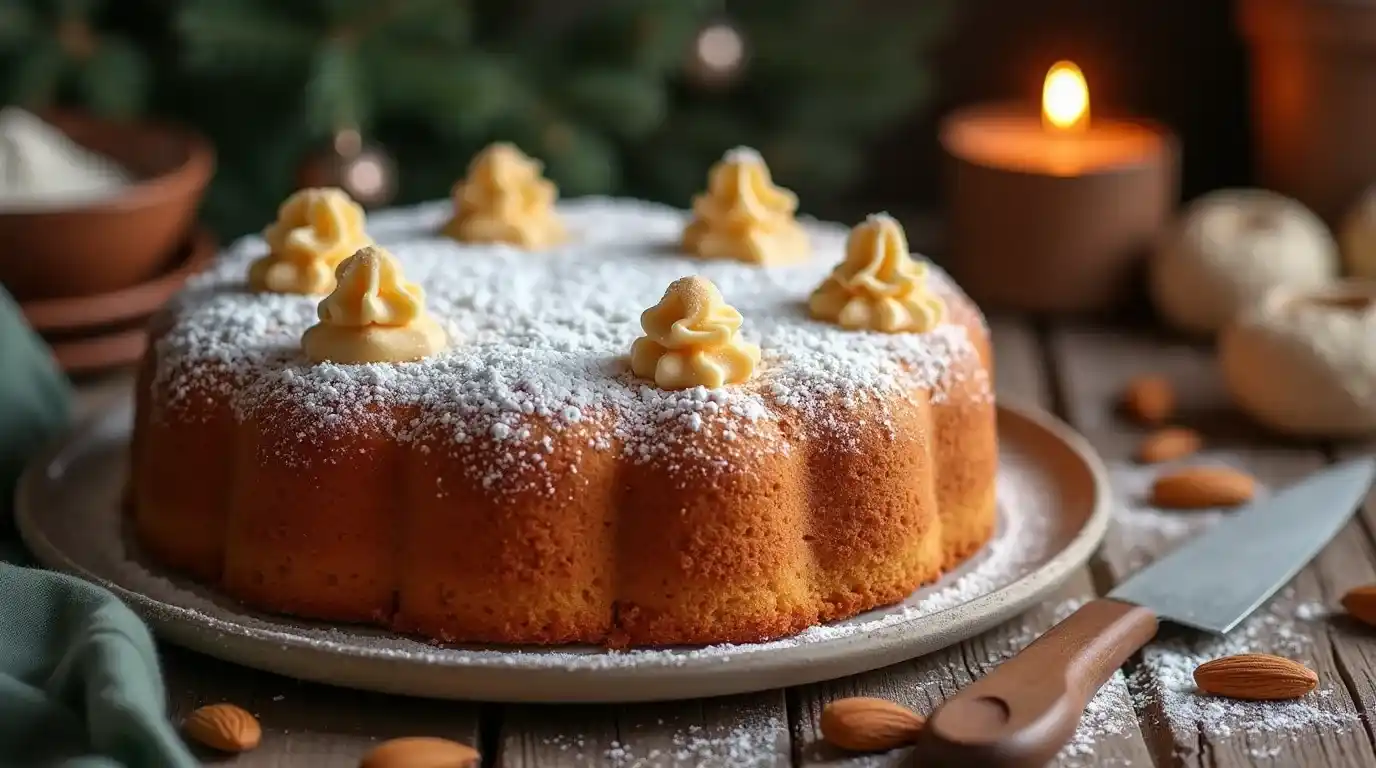 Tomte Cake decorated with marzipan and powdered sugar, surrounded by festive decor, on a rustic wooden table.