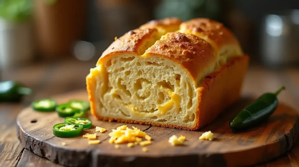 Sliced vegan jalapeno cheddar artisan bread on a rustic wooden cutting board.