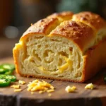 Sliced vegan jalapeno cheddar artisan bread on a rustic wooden cutting board.