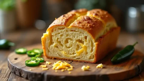Sliced vegan jalapeno cheddar artisan bread on a rustic wooden cutting board.