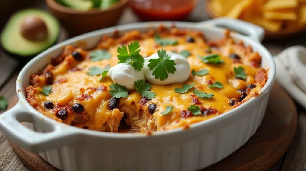 A golden, cheesy chicken burrito casserole in a white baking dish, garnished with cilantro and sour cream, served alongside tortilla chips, salsa, and avocado slices.