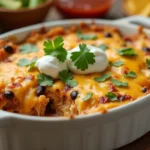 A golden, cheesy chicken burrito casserole in a white baking dish, garnished with cilantro and sour cream, served alongside tortilla chips, salsa, and avocado slices.