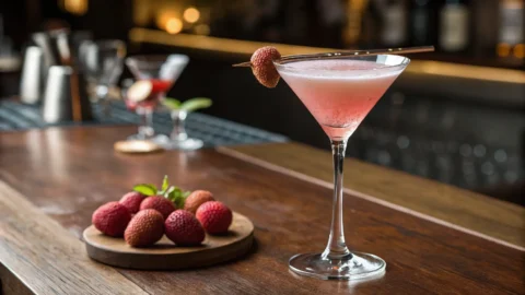 A beautifully crafted lychee martini with a lychee fruit garnish, served in a chilled martini glass on a wooden bar counter.