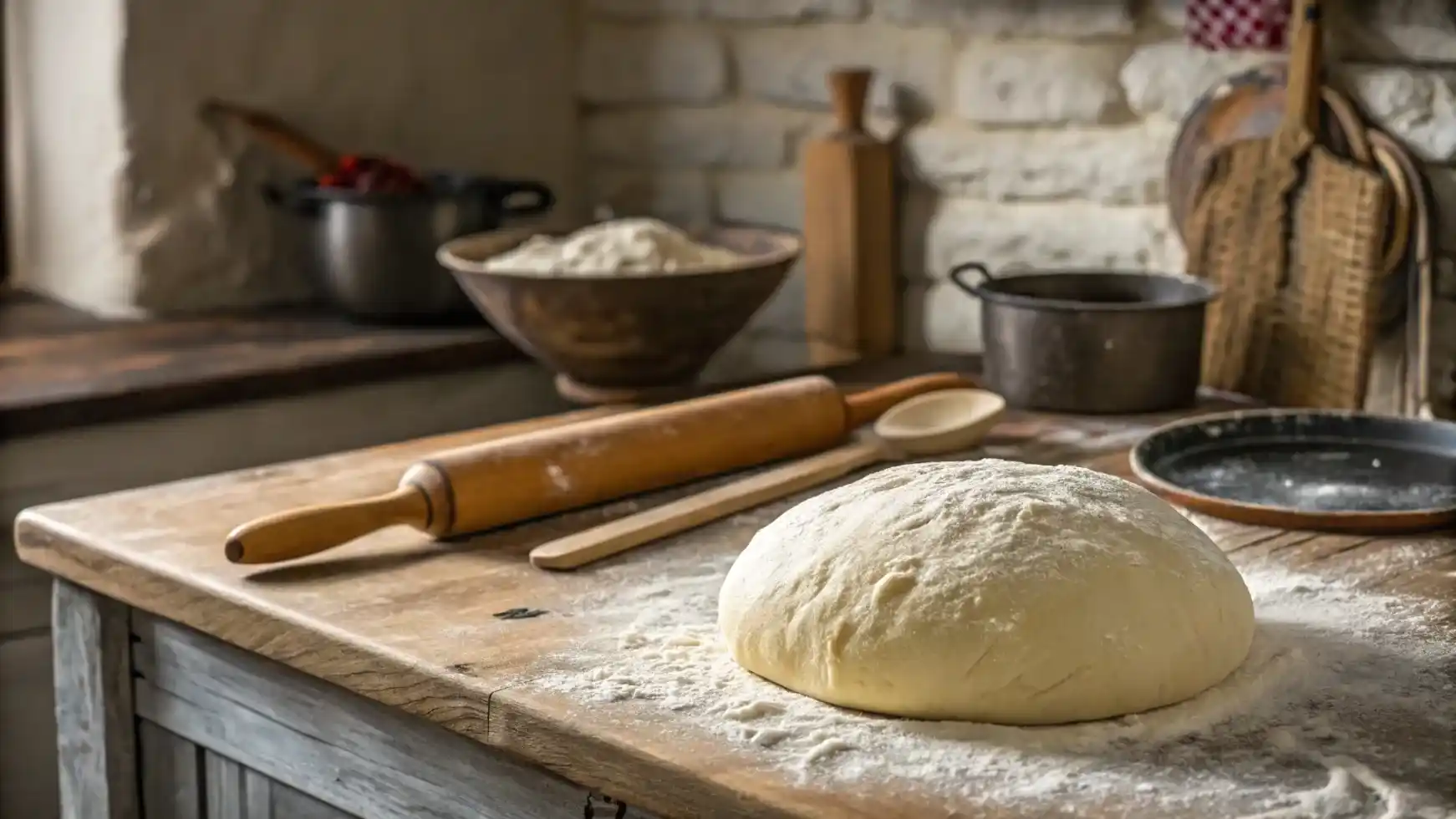 Freshly kneaded Neapolitan pizza dough on a floured wooden countertop in a rustic kitchen.