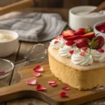 A moist heart-shaped vanilla cake decorated with whipped cream and fresh berries, ready for a romantic celebration.