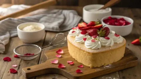 A moist heart-shaped vanilla cake decorated with whipped cream and fresh berries, ready for a romantic celebration.